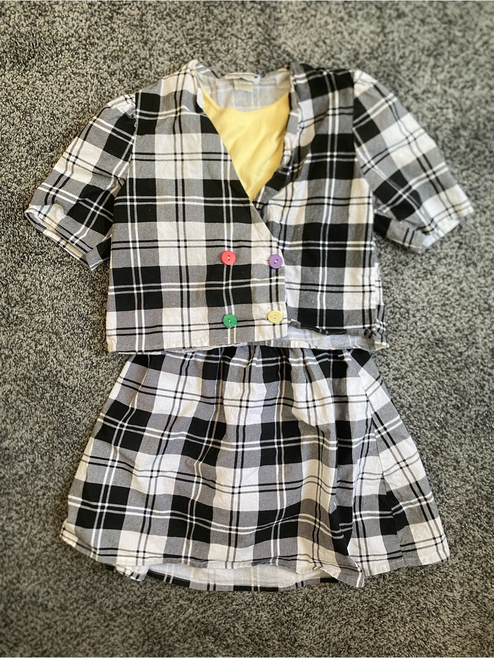 Kids Vintage 90s Black & White Plaid Two-Piece Skirt Set with Colorful Buttons